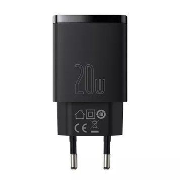 Мережевий зарядний пристрій Baseus Compact Quick Charger 20W QC+ PD (1Type-C + 1USB) black 500094 &mdash; фото товару