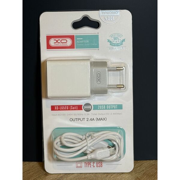 Мережевий зарядний пристрій XO L65 2.4A 2хUSB + дріт USB to Type-c 15927 фото