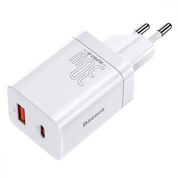 Мережевий зарядний пристрій Baseus Super Si Pro Quick Charger Type-C+USB 30W white 3462 фото